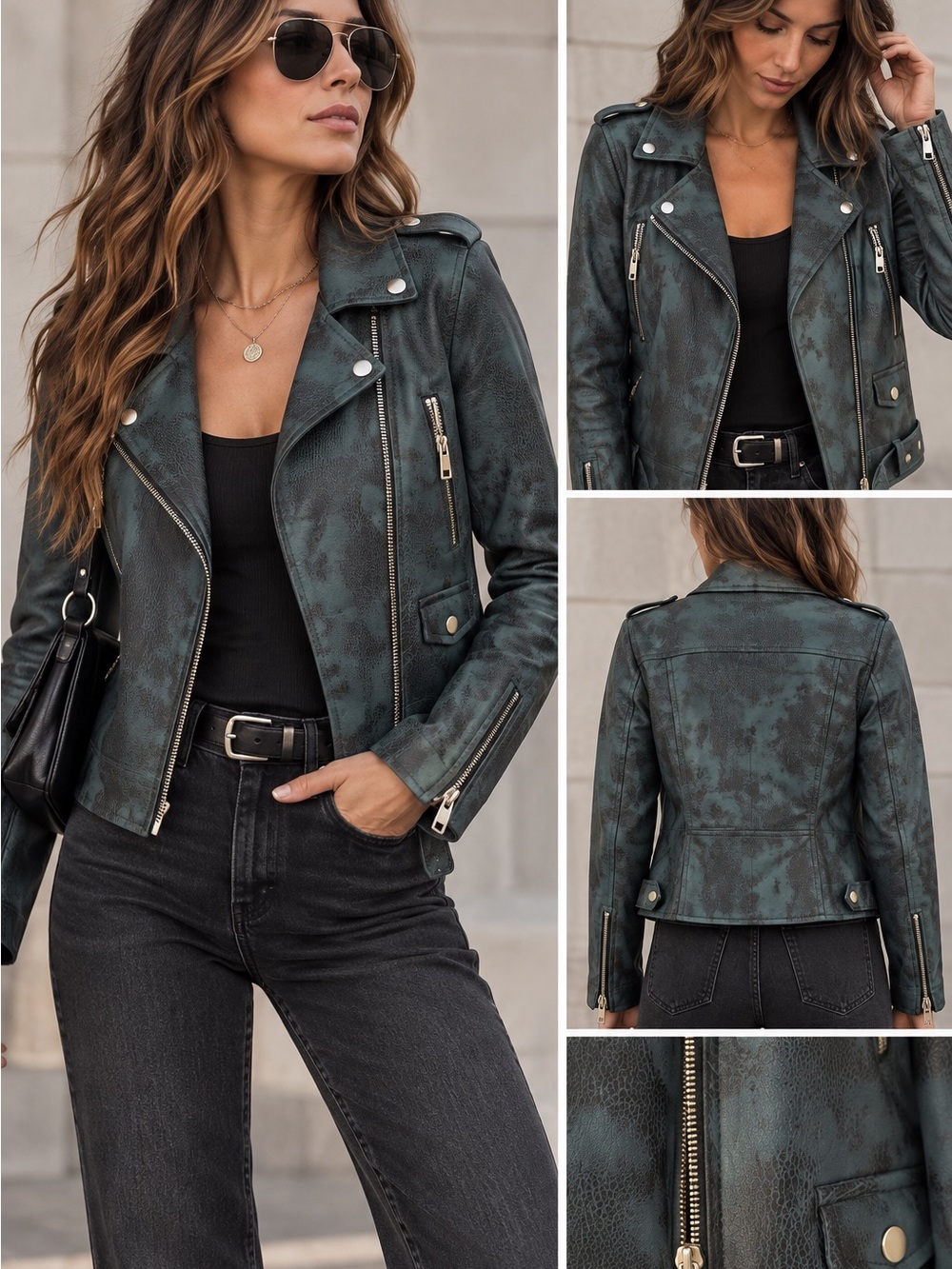 Lena Gabrielle Green Distressed Faux Leather Moto Jacket Size 4